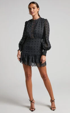 Showpo Meihna Mini Dress - Lace Detail Long Sleeve Dress In Black -Showpo Women's Clothing Store Meihna Embroidered Long Sleeve Mini Dress in Black 2528SD22010103022529 1