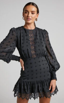 Showpo Meihna Mini Dress - Lace Detail Long Sleeve Dress In Black -Showpo Women's Clothing Store Meihna Embroidered Long Sleeve Mini Dress in Black 2528SD22010103022529 2