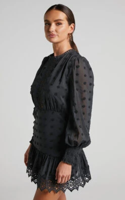 Showpo Meihna Mini Dress - Lace Detail Long Sleeve Dress In Black -Showpo Women's Clothing Store Meihna Embroidered Long Sleeve Mini Dress in Black 2528SD22010103022529 4