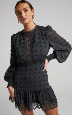 Showpo Meihna Mini Dress - Lace Detail Long Sleeve Dress In Black