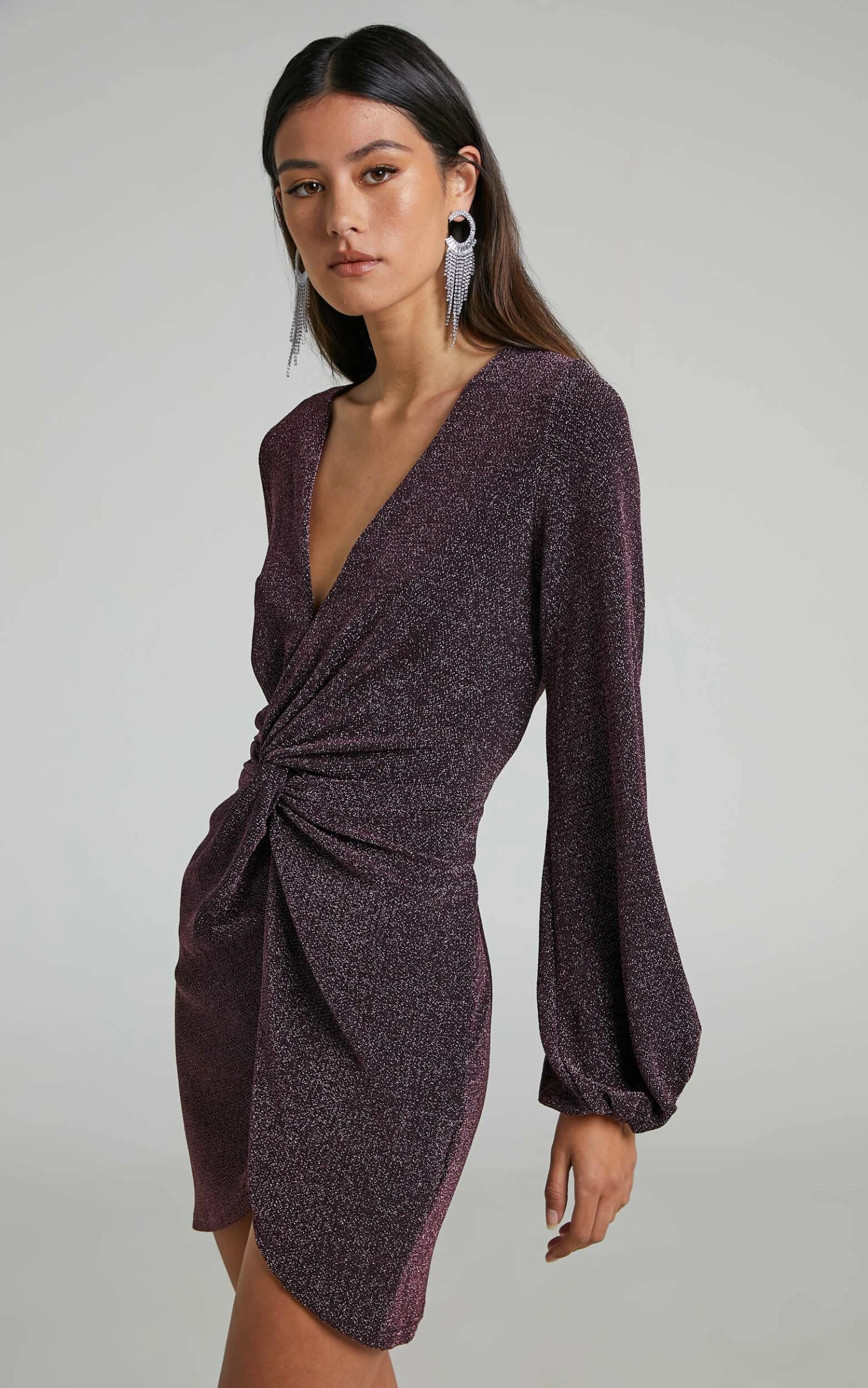 Showpo Mercia Twist Front Long Sleeve Mini Dress In Dark Pink 4 Showpo Mercia Twist Front Long Sleeve Mini Dress In Dark Pink - Image 4