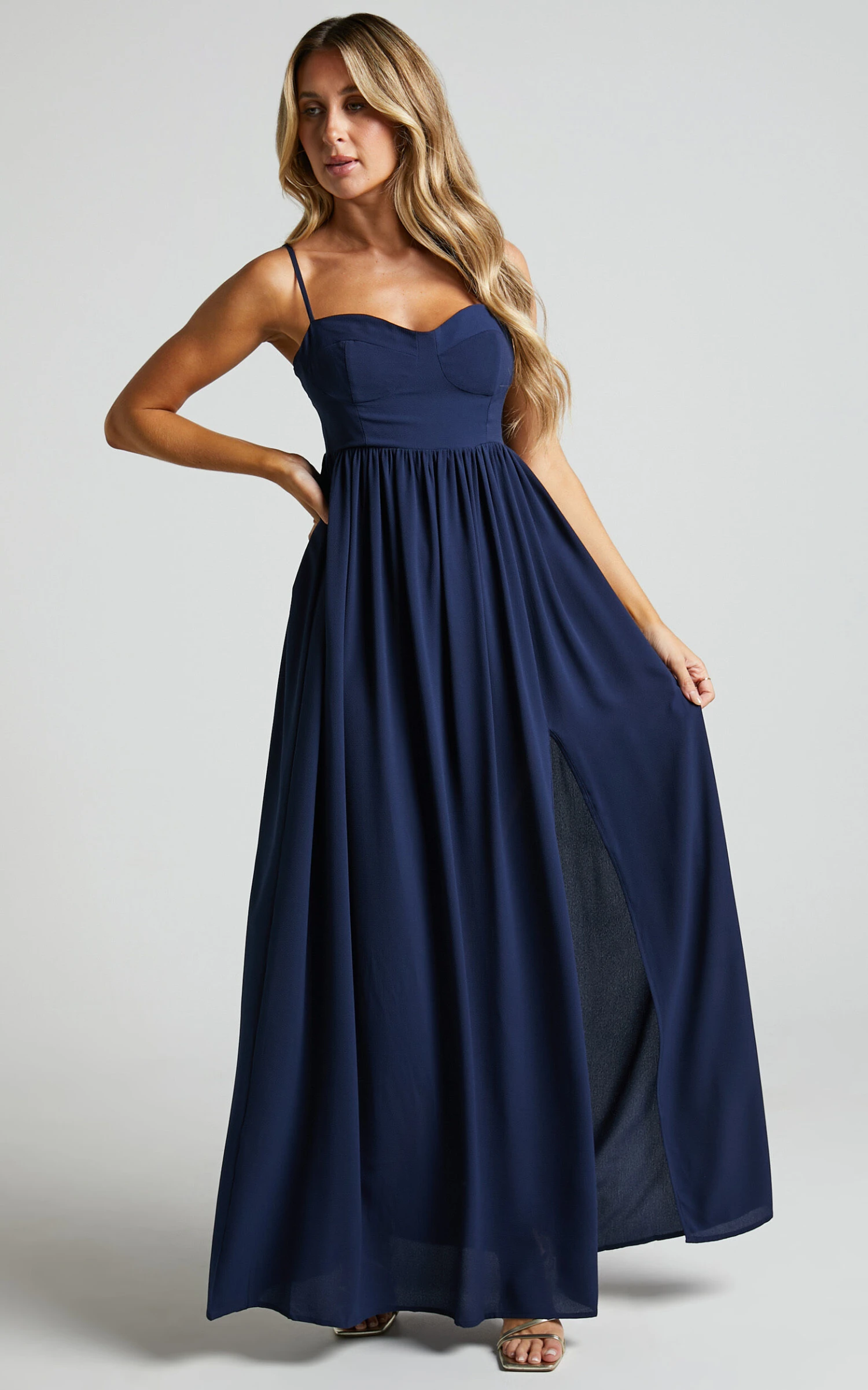 Showpo Merida Maxi Dress - Gathered Thigh Split Sweetheart Dress In Navy 3 Showpo Merida Maxi Dress - Gathered Thigh Split Sweetheart Dress In Navy - Image 3
