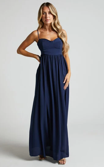 Showpo Merida Maxi Dress - Gathered Thigh Split Sweetheart Dress In Navy 1 Showpo Merida Maxi Dress - Gathered Thigh Split Sweetheart Dress In Navy