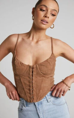 Showpo Mervin Top - Corduroy Corset In Mocha