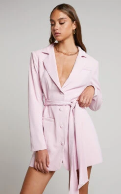 Showpo Mhina Blazer Dress - Waist Tie Mini Blazer Dress In Pink -Showpo Women's Clothing Store Mhina Blazer Mini Dress in Pink 131