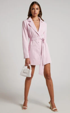 Showpo Mhina Blazer Dress - Waist Tie Mini Blazer Dress In Pink -Showpo Women's Clothing Store Mhina Blazer Mini Dress in Pink 2