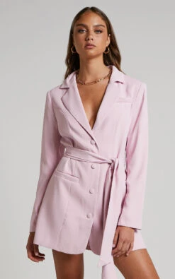Showpo Mhina Blazer Dress - Waist Tie Mini Blazer Dress In Pink -Showpo Women's Clothing Store Mhina Blazer Mini Dress in Pink 34