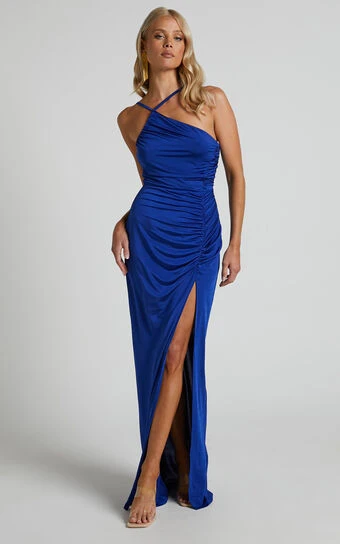 Showpo Mhira One Shoulder Side Split Maxi Dress In Blue 1 Showpo Mhira One Shoulder Side Split Maxi Dress In Blue