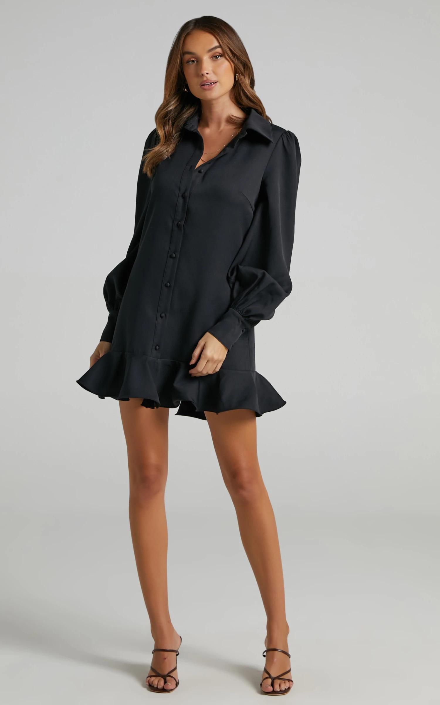 Showpo Mica Mini Dress - Frill Hem Balloon Sleeve Shirt Dress In Black 3 Showpo Mica Mini Dress - Frill Hem Balloon Sleeve Shirt Dress In Black - Image 3