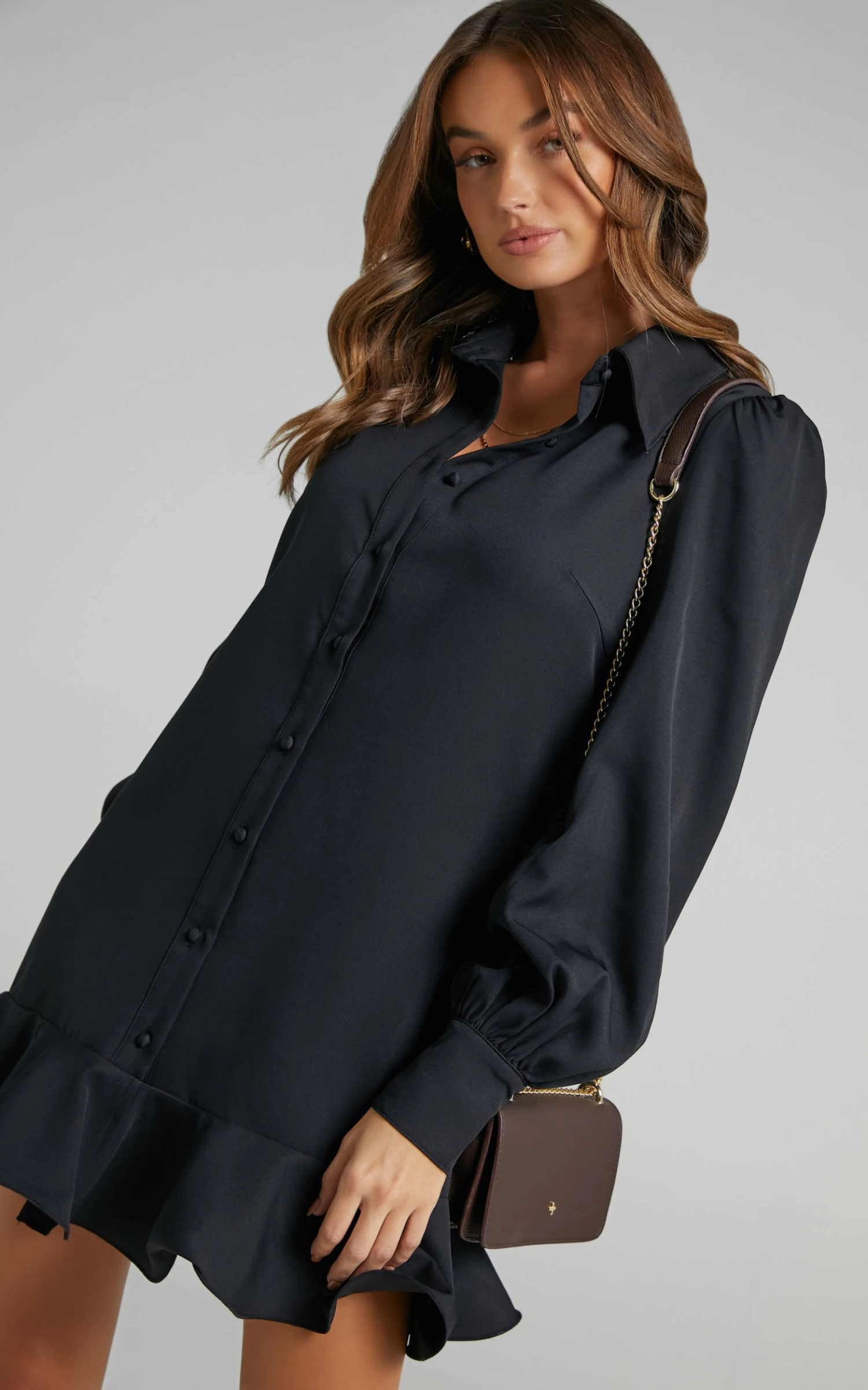 Showpo Mica Mini Dress - Frill Hem Balloon Sleeve Shirt Dress In Black 9 Showpo Mica Mini Dress - Frill Hem Balloon Sleeve Shirt Dress In Black - Image 9