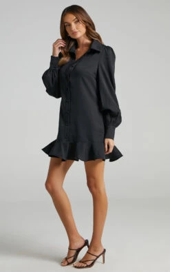 Showpo Mica Mini Dress - Frill Hem Balloon Sleeve Shirt Dress In Black 14 Showpo Mica Mini Dress - Frill Hem Balloon Sleeve Shirt Dress In Black -Showpo Women's Clothing Store Mica Frill Hem Shirt Dress in Black SD20010057 5