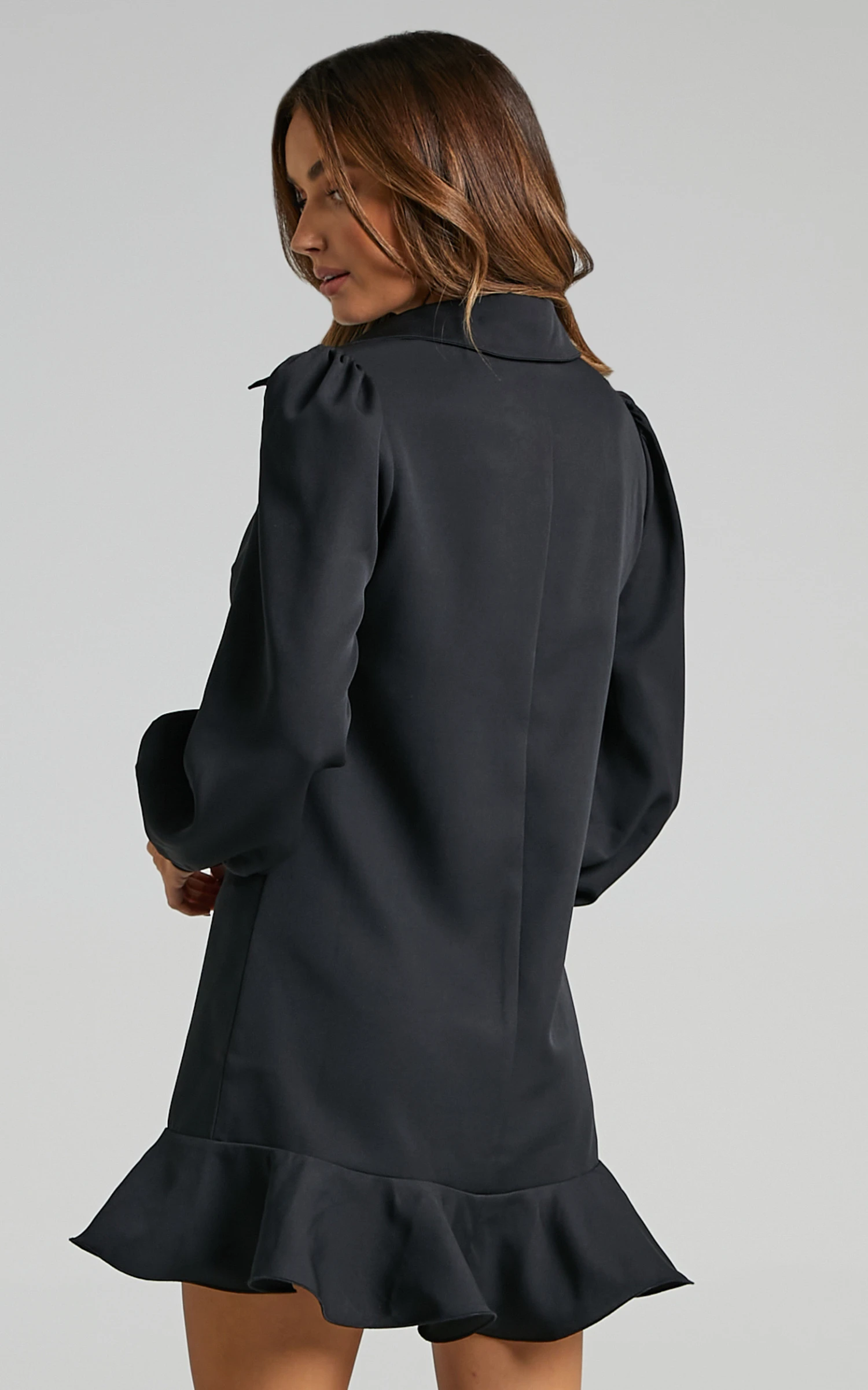 Showpo Mica Mini Dress - Frill Hem Balloon Sleeve Shirt Dress In Black 7 Showpo Mica Mini Dress - Frill Hem Balloon Sleeve Shirt Dress In Black - Image 7