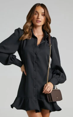 Showpo Mica Mini Dress - Frill Hem Balloon Sleeve Shirt Dress In Black 12 Showpo Mica Mini Dress - Frill Hem Balloon Sleeve Shirt Dress In Black -Showpo Women's Clothing Store Mica Frill Hem Shirt Dress in Black SD20010057 8