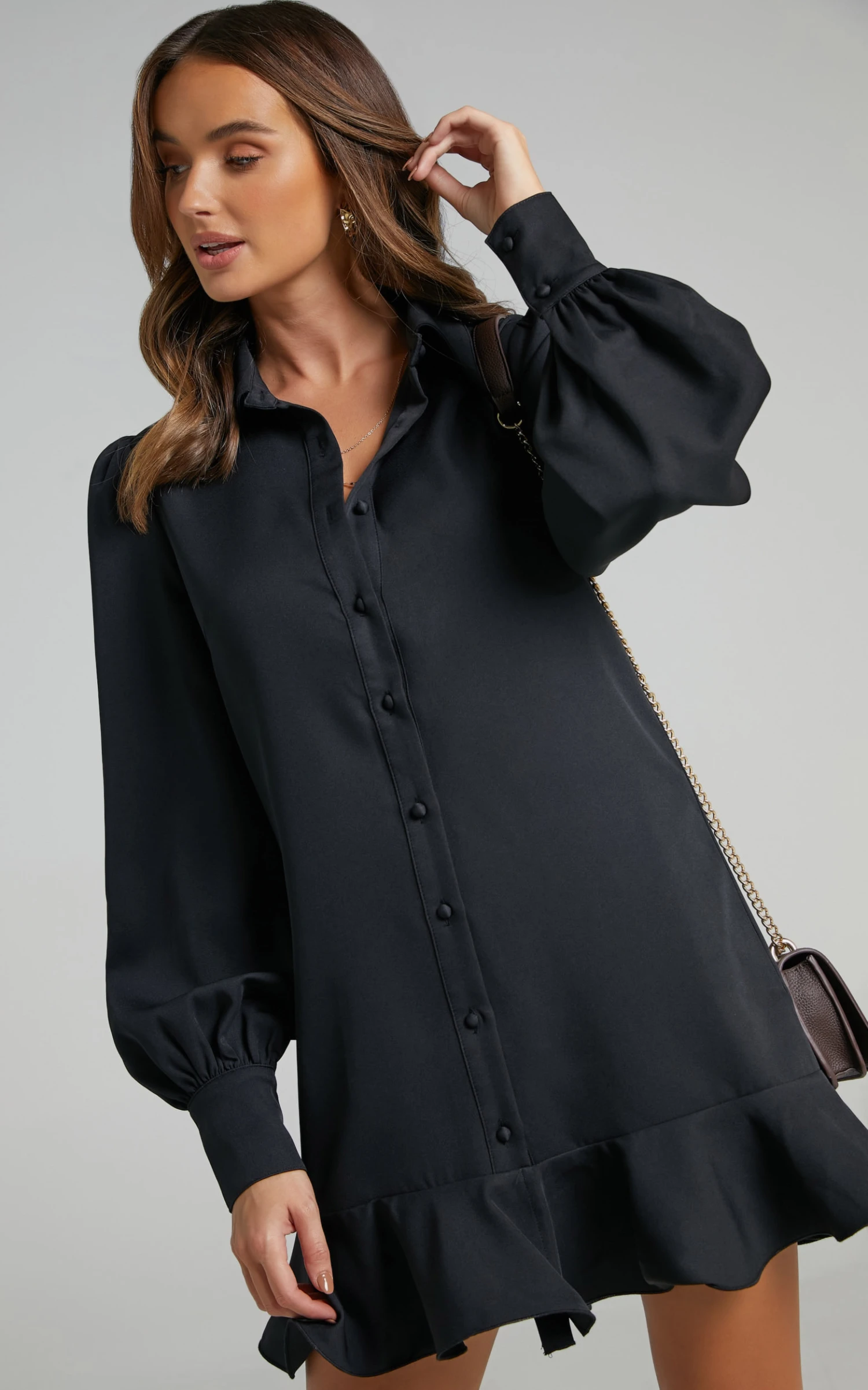 Showpo Mica Mini Dress - Frill Hem Balloon Sleeve Shirt Dress In Black 2 Showpo Mica Mini Dress - Frill Hem Balloon Sleeve Shirt Dress In Black - Image 2