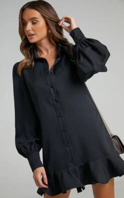 Showpo Mica Mini Dress - Frill Hem Balloon Sleeve Shirt Dress In Black