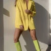 Showpo Michelle Oversized Plunge Neck Button Up Blazer In Yellow
