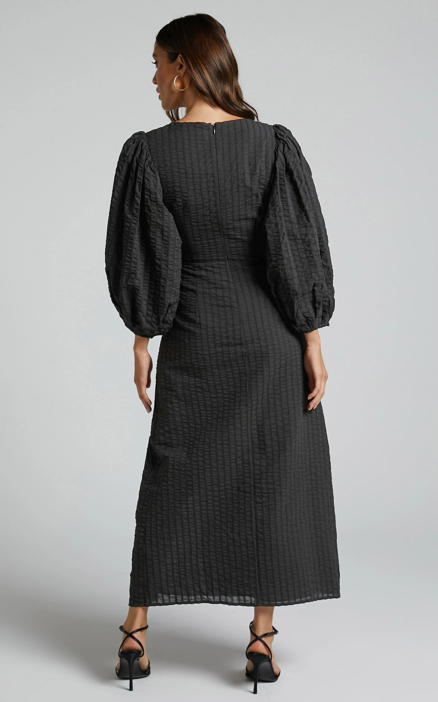 Showpo Miggy Midi Dress - Puff Sleeve Cut Out Split Dress In Black 6 Showpo Miggy Midi Dress - Puff Sleeve Cut Out Split Dress In Black - Image 6