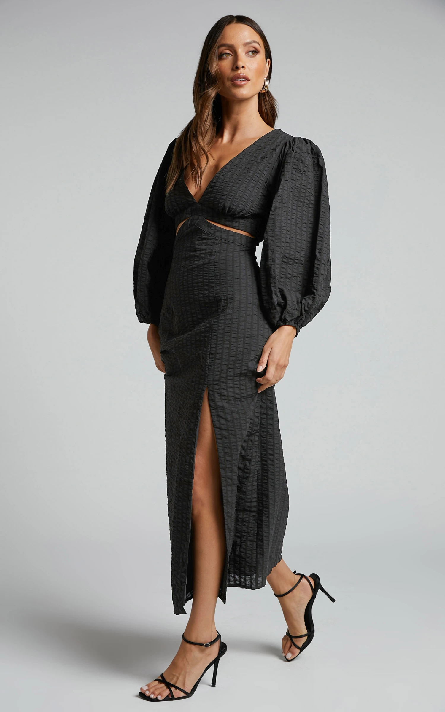 Showpo Miggy Midi Dress - Puff Sleeve Cut Out Split Dress In Black 3 Showpo Miggy Midi Dress - Puff Sleeve Cut Out Split Dress In Black - Image 3