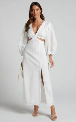 Showpo Miggy Midi Dress - Puff Sleeve Cut Out Split Dress In White