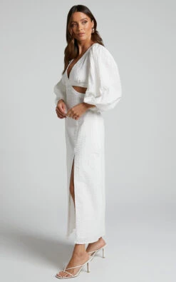 Showpo Miggy Midi Dress - Puff Sleeve Cut Out Split Dress In White -Showpo Women's Clothing Store Miggy Puff Sleeve Cut Out Midi Dress in White 2