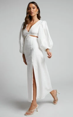Showpo Miggy Midi Dress - Puff Sleeve Cut Out Split Dress In White -Showpo Women's Clothing Store Miggy Puff Sleeve Cut Out Midi Dress in White 4