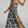 Showpo Mikaela Ruched Front Underbust Cut Out Maxi Dress In Black Floral