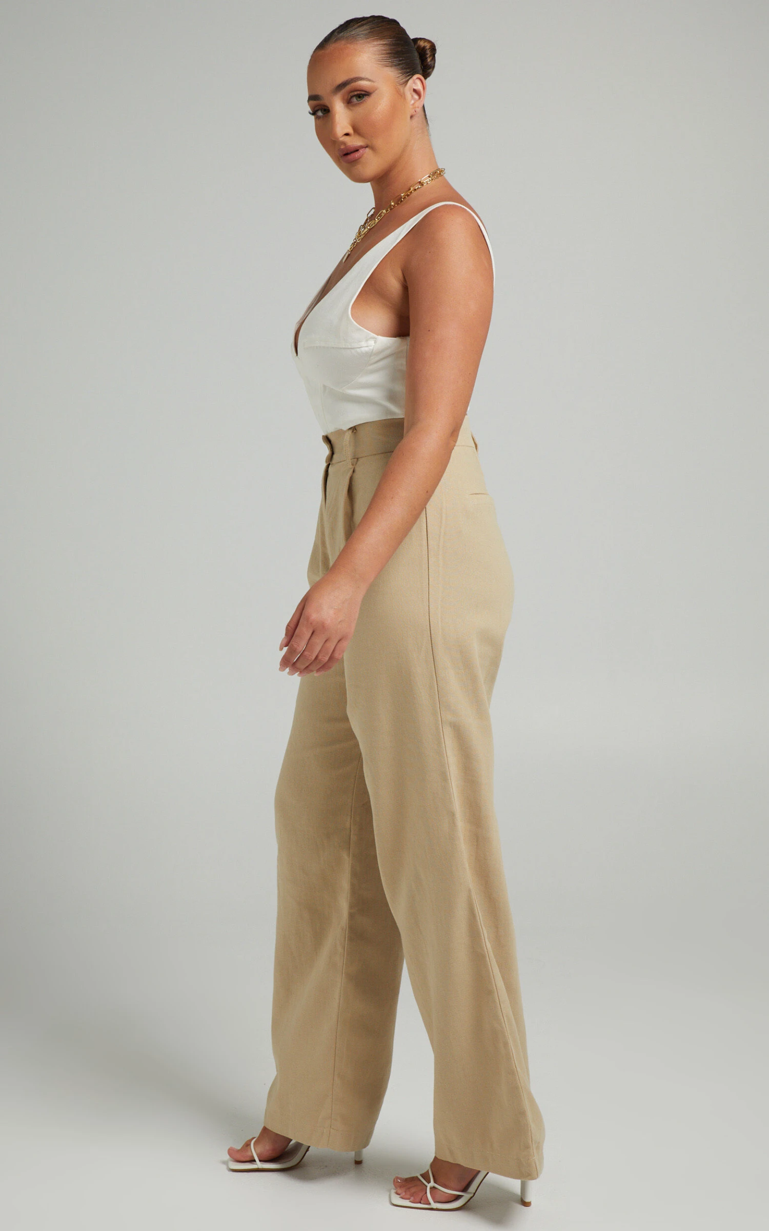 Showpo Mekaila High Waisted Tailored Pants In Beige Linen Look 6 Showpo Mekaila High Waisted Tailored Pants In Beige Linen Look - Image 6