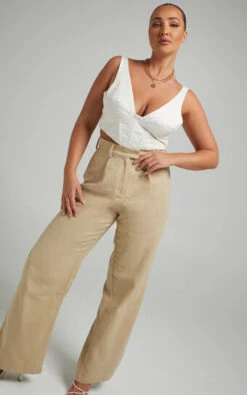 Showpo Mekaila High Waisted Tailored Pants In Beige Linen Look