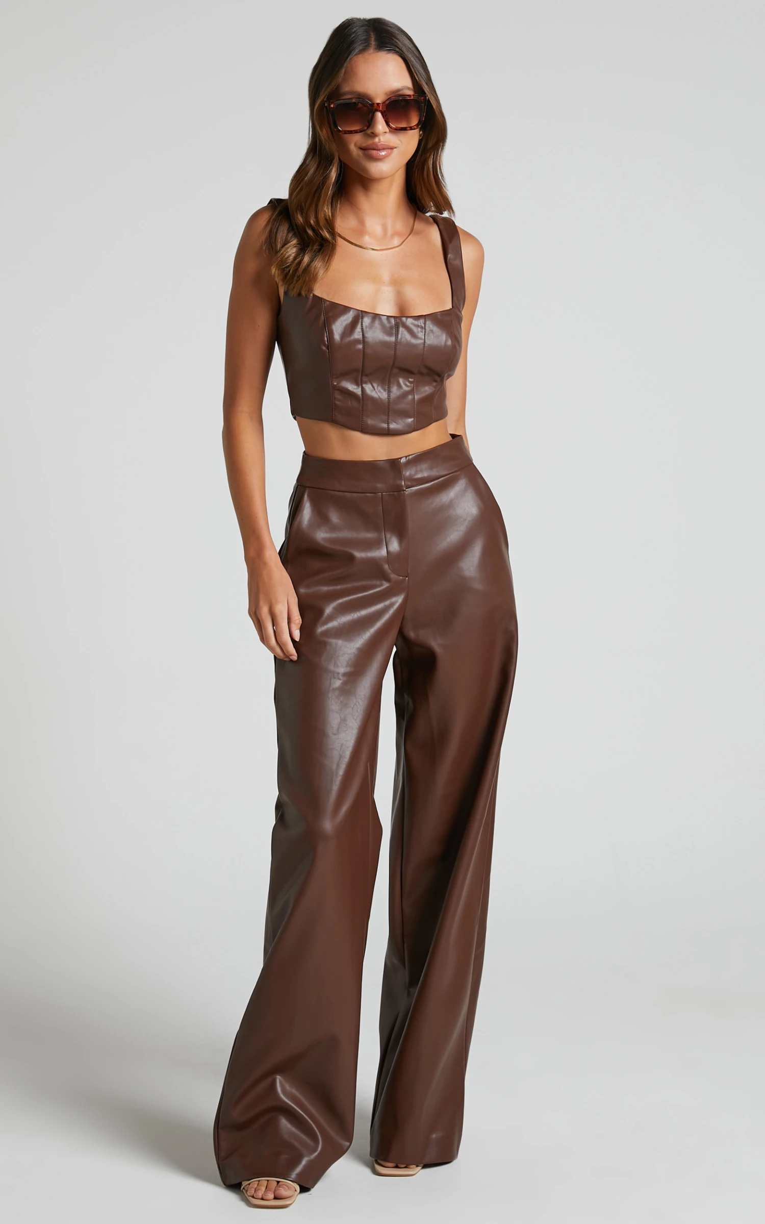 Showpo Minx - High Waisted Faux Leather Wide Leg Trousers In Chocolate 4 Showpo Minx - High Waisted Faux Leather Wide Leg Trousers In Chocolate - Image 4