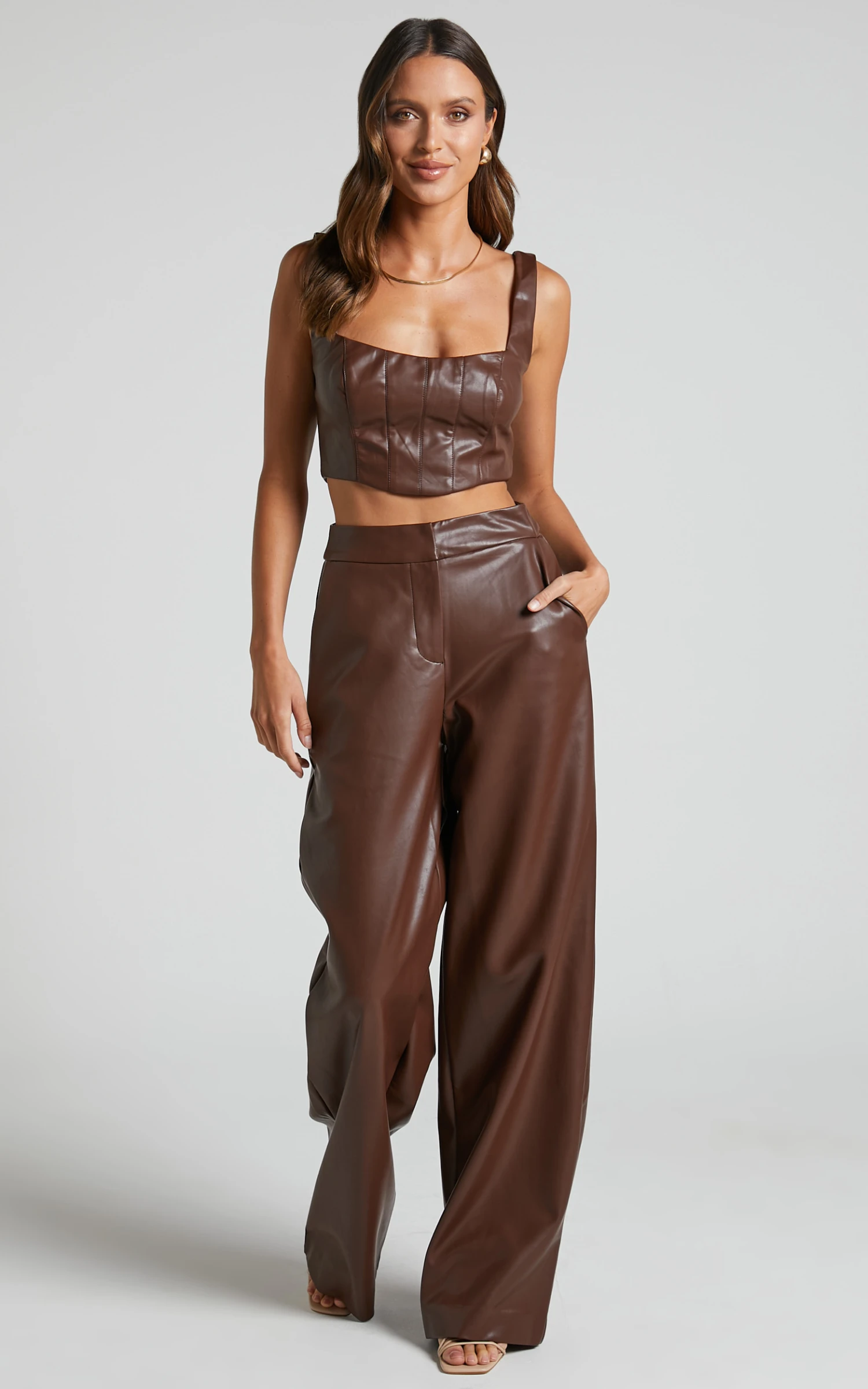 Showpo Minx - High Waisted Faux Leather Wide Leg Trousers In Chocolate 2 Showpo Minx - High Waisted Faux Leather Wide Leg Trousers In Chocolate - Image 2