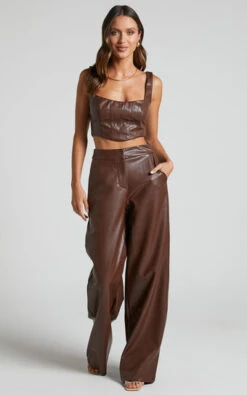 Showpo Minx - High Waisted Faux Leather Wide Leg Trousers In Chocolate