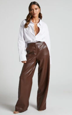 Showpo Minx - High Waisted Faux Leather Wide Leg Trousers In Chocolate 14 Showpo Minx - High Waisted Faux Leather Wide Leg Trousers In Chocolate -Showpo Women's Clothing Store Minx Faux Leather Wide Leg Trousers in Chocolate 7