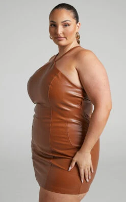 Showpo Minx Faux Leather Halter Mini Dress In Tan -Showpo Women's Clothing Store Minx PU BODY DRESS in Tan 2528SD22070003012529 3