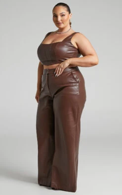 Showpo Minx - High Waisted Faux Leather Wide Leg Trousers In Chocolate 13 Showpo Minx - High Waisted Faux Leather Wide Leg Trousers In Chocolate -Showpo Women's Clothing Store Minx TROUSER in PU in Chocolate 2528SB22070024012529 2