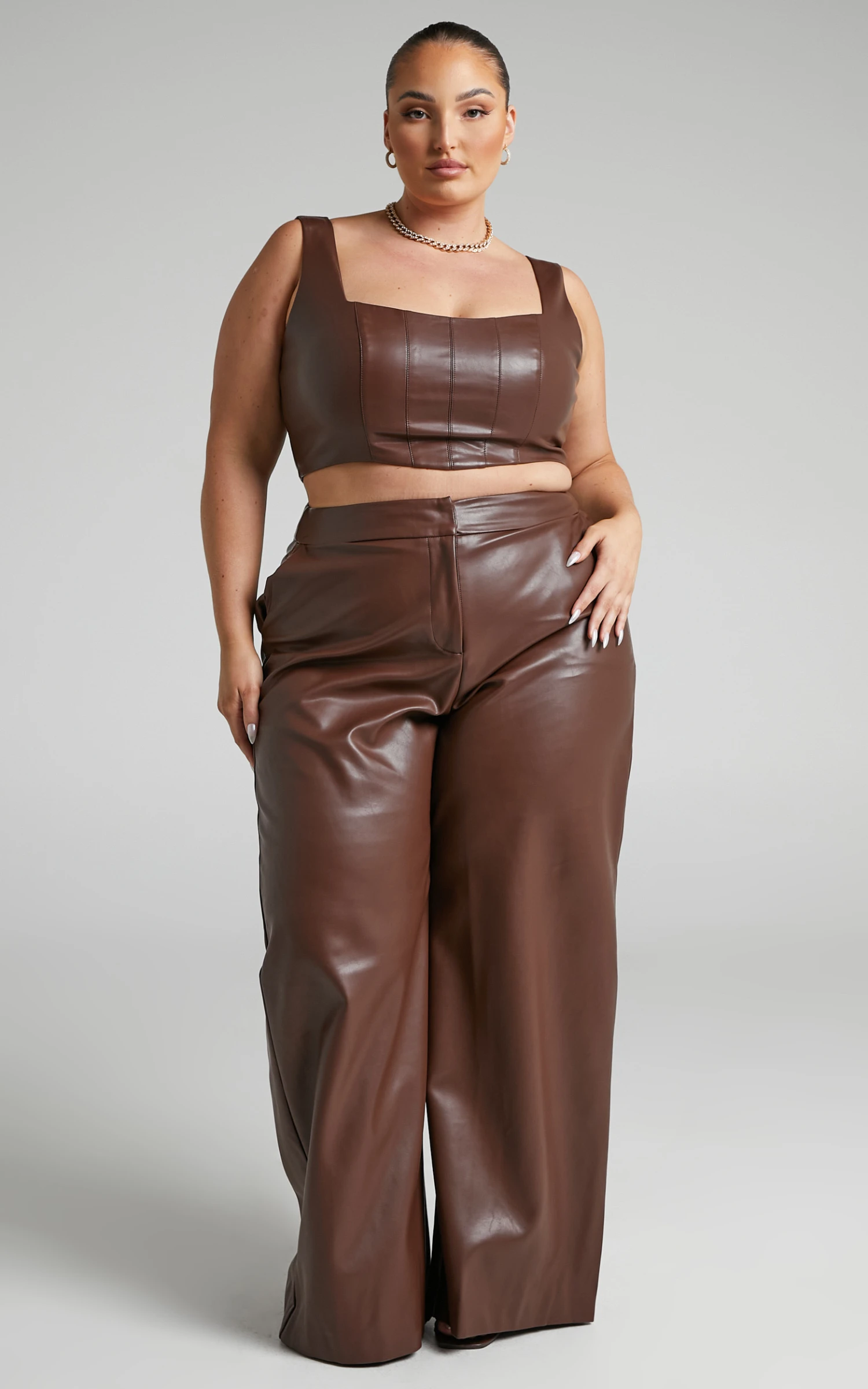 Showpo Minx - High Waisted Faux Leather Wide Leg Trousers In Chocolate 3 Showpo Minx - High Waisted Faux Leather Wide Leg Trousers In Chocolate - Image 3