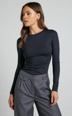Showpo Morena Long Sleeve Fitted Top In Black