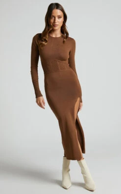 Showpo Myrline Long Sleeve Knit Midi Dress In Chocolate 14 Showpo Myrline Long Sleeve Knit Midi Dress In Chocolate -Showpo Women's Clothing Store Myrline Long Sleeve Knit Midi Dress in Chocolate 5