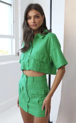Showpo Navine Button Front Crop Top And Cargo Pocket Mini Skirt Two Piece Set In Green