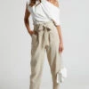 Showpo Annalise - High Waisted Paper Bag Waist Pants In Stone