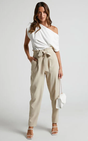 Showpo Annalise - High Waisted Paper Bag Waist Pants In Stone 1 Showpo Annalise - High Waisted Paper Bag Waist Pants In Stone