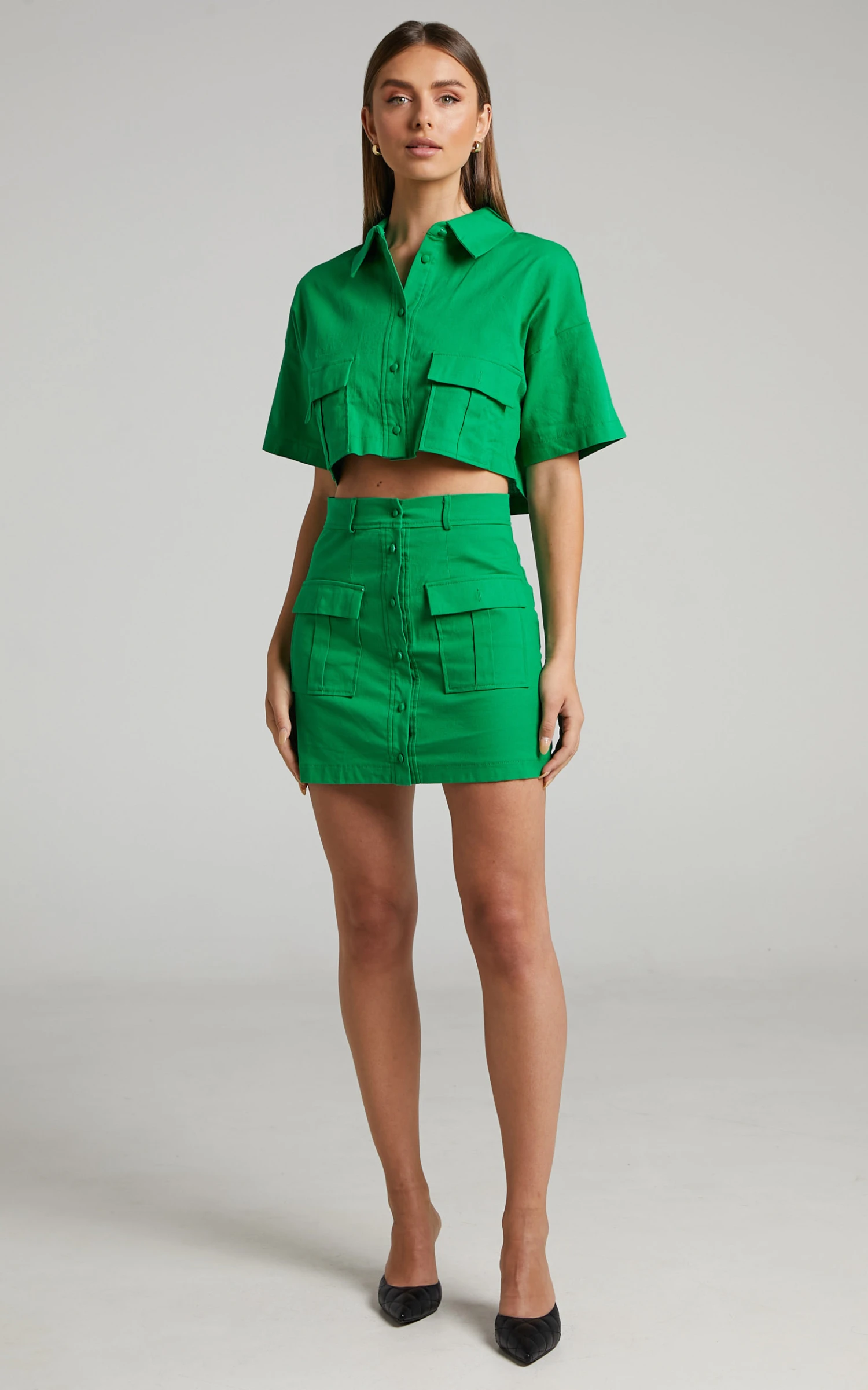 Showpo Navine Button Front Crop Top And Cargo Pocket Mini Skirt Two Piece Set In Green 5 Showpo Navine Button Front Crop Top And Cargo Pocket Mini Skirt Two Piece Set In Green - Image 5