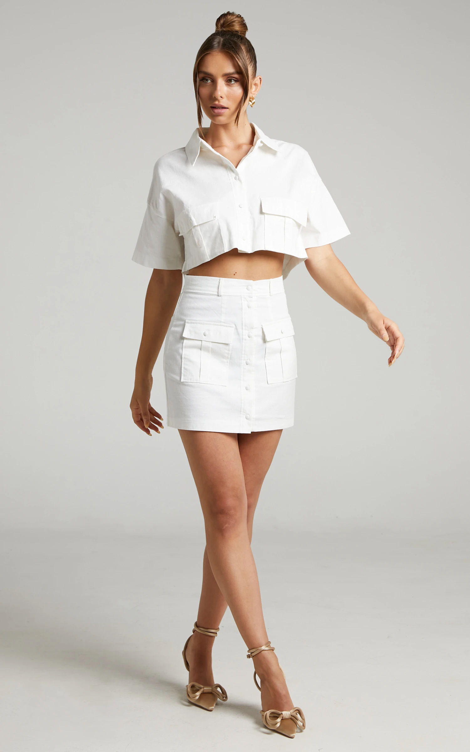Showpo Navine Button Front Crop Top And Cargo Pocket Mini Skirt Two Piece Set In White 4 Showpo Navine Button Front Crop Top And Cargo Pocket Mini Skirt Two Piece Set In White - Image 4