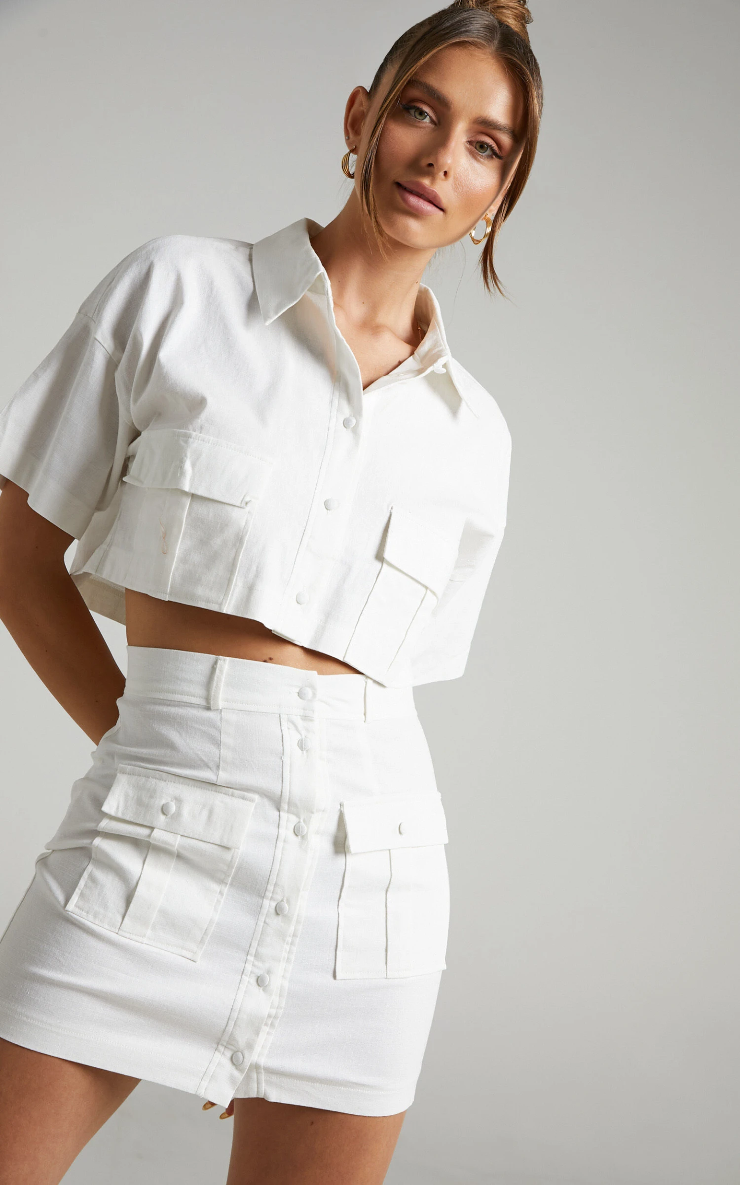 Showpo Navine Button Front Crop Top And Cargo Pocket Mini Skirt Two Piece Set In White 3 Showpo Navine Button Front Crop Top And Cargo Pocket Mini Skirt Two Piece Set In White - Image 3
