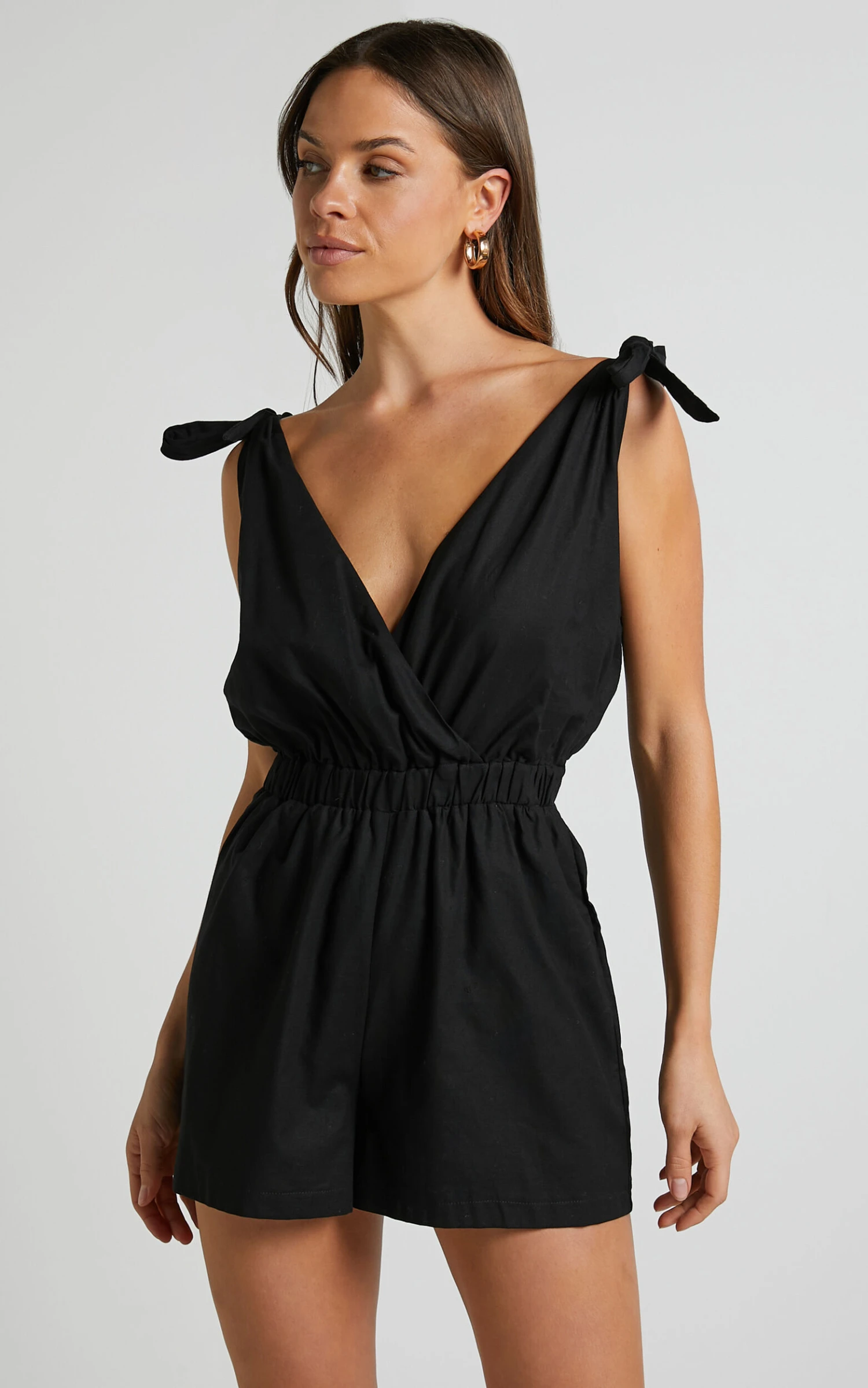 Showpo Nayamae Playsuit - Plunge Neck Tie Strap Playsuit In Black 4 Showpo Nayamae Playsuit - Plunge Neck Tie Strap Playsuit In Black - Image 4