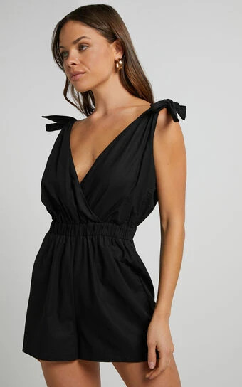 Showpo Nayamae Playsuit - Plunge Neck Tie Strap Playsuit In Black 1 Showpo Nayamae Playsuit - Plunge Neck Tie Strap Playsuit In Black