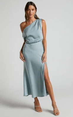 Showpo Nelya Midi Dress - High Low One Shoulder Dress In Blue Mist