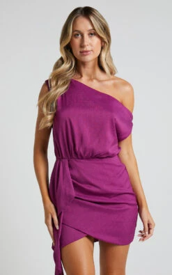 Showpo Niana Drape One Shoulder Mini Dress In Purple -Showpo Women's Clothing Store Niana Drape One Shoulder Mini Dress in Purple 2