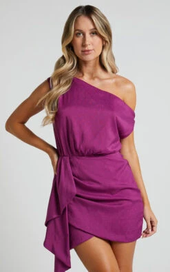 Showpo Niana Drape One Shoulder Mini Dress In Purple
