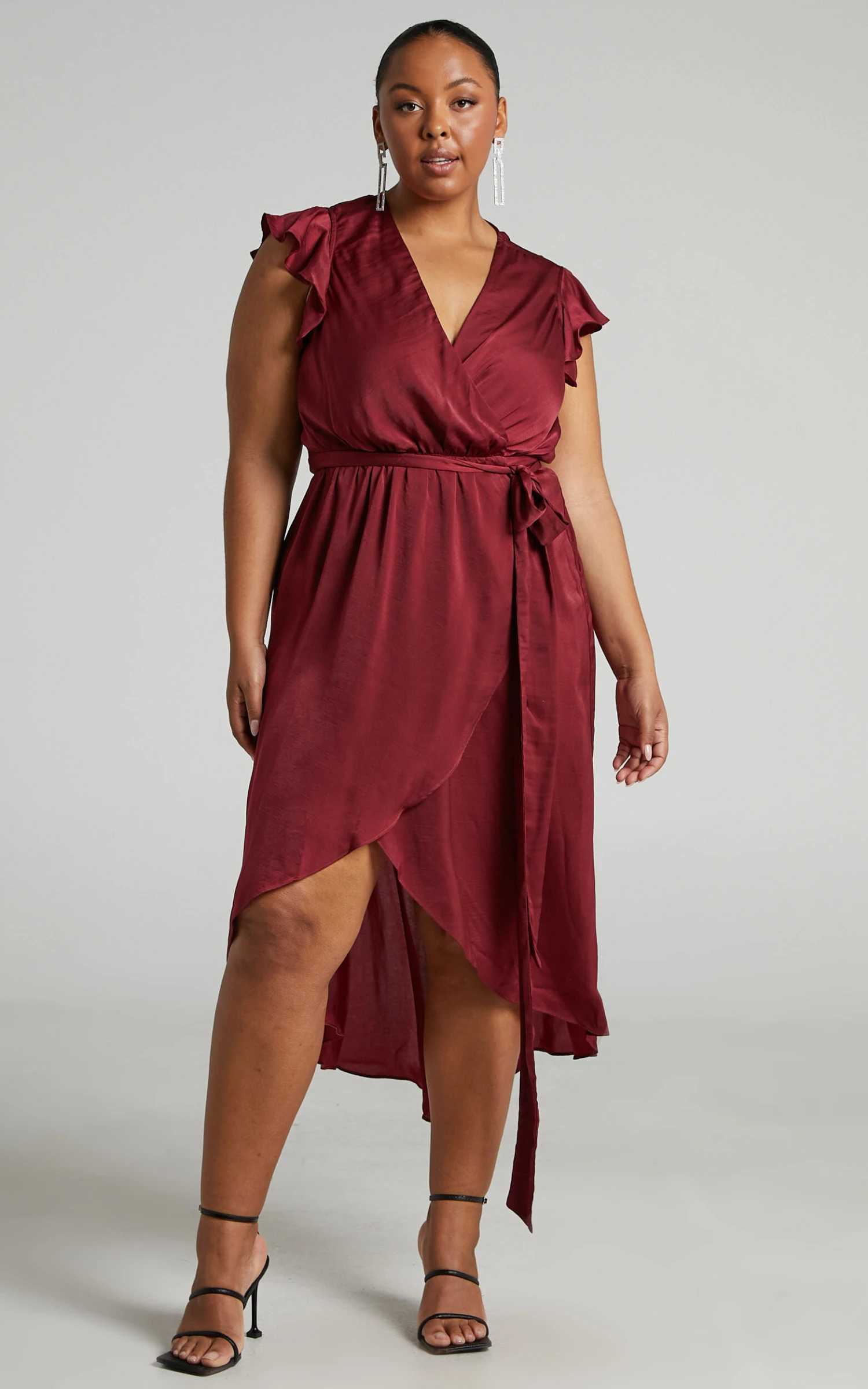 Showpo Novera Frill Sleeve Wrap Midi Dress In Wine 3 Showpo Novera Frill Sleeve Wrap Midi Dress In Wine - Image 3