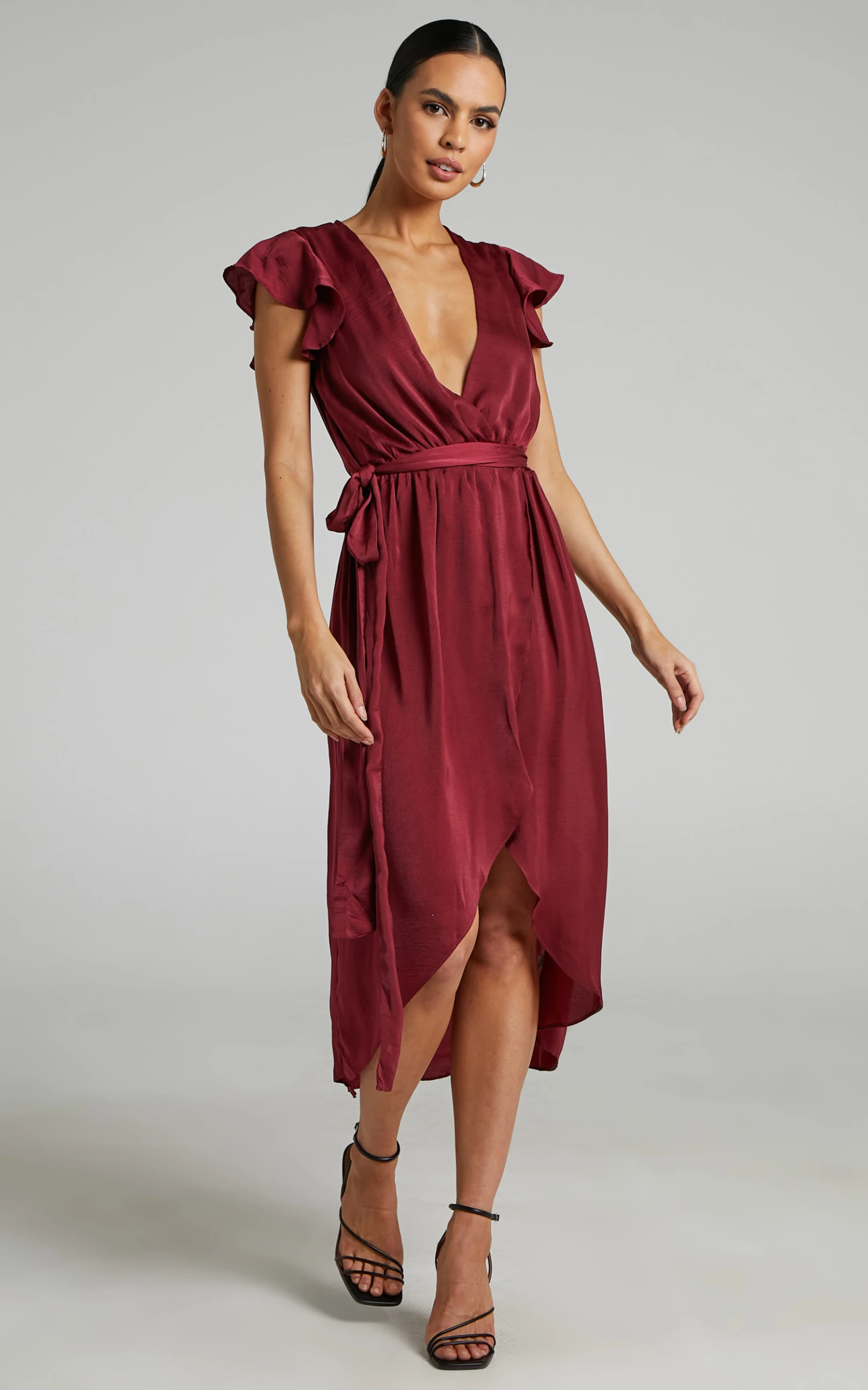 Showpo Novera Frill Sleeve Wrap Midi Dress In Wine 4 Showpo Novera Frill Sleeve Wrap Midi Dress In Wine - Image 4
